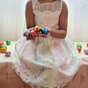 Beautiful Pink White Yellow Girls Lace Dress with Net Neckline Size 8